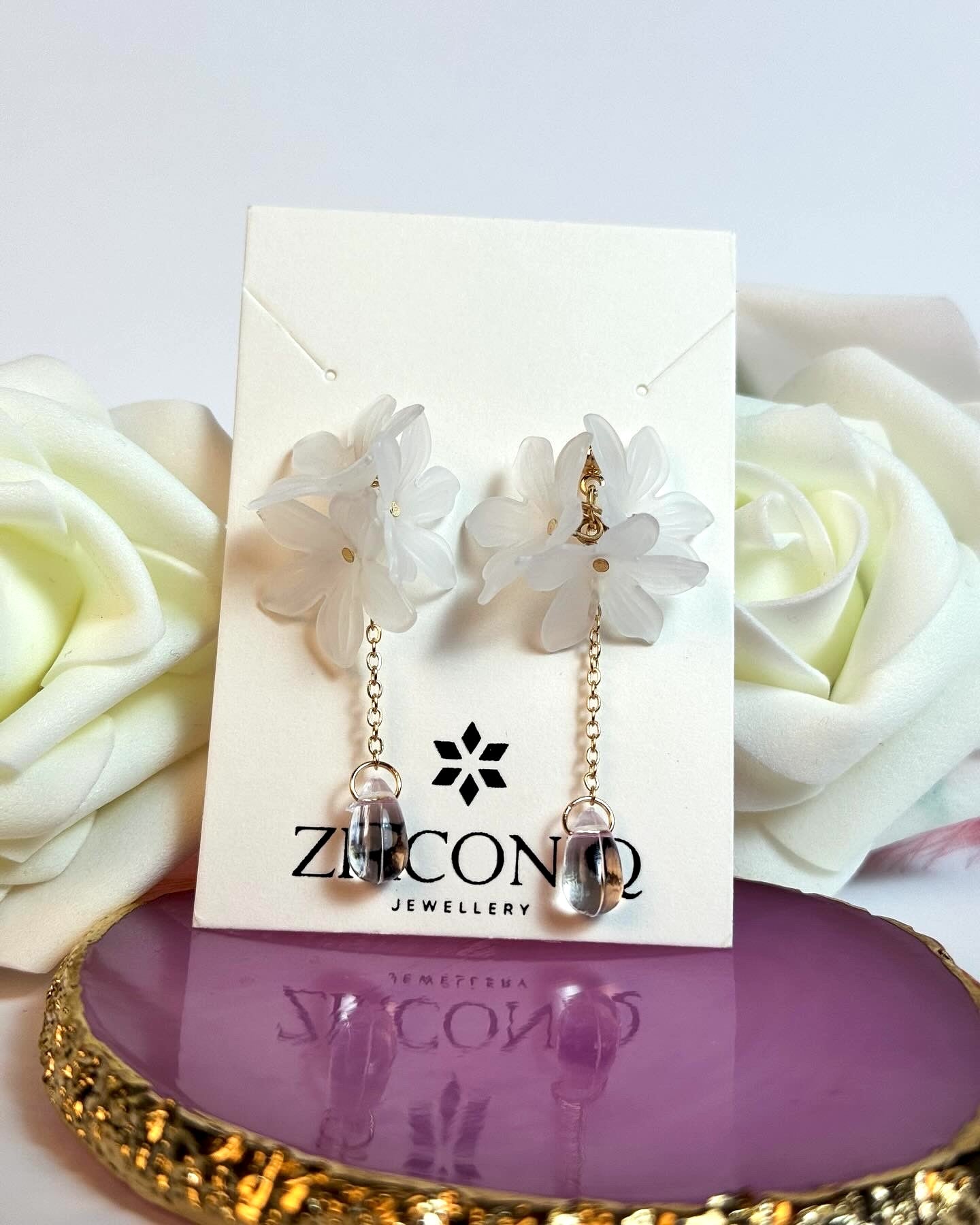 Elegant White Flower Dangle Earrings with Crystal Teardrop