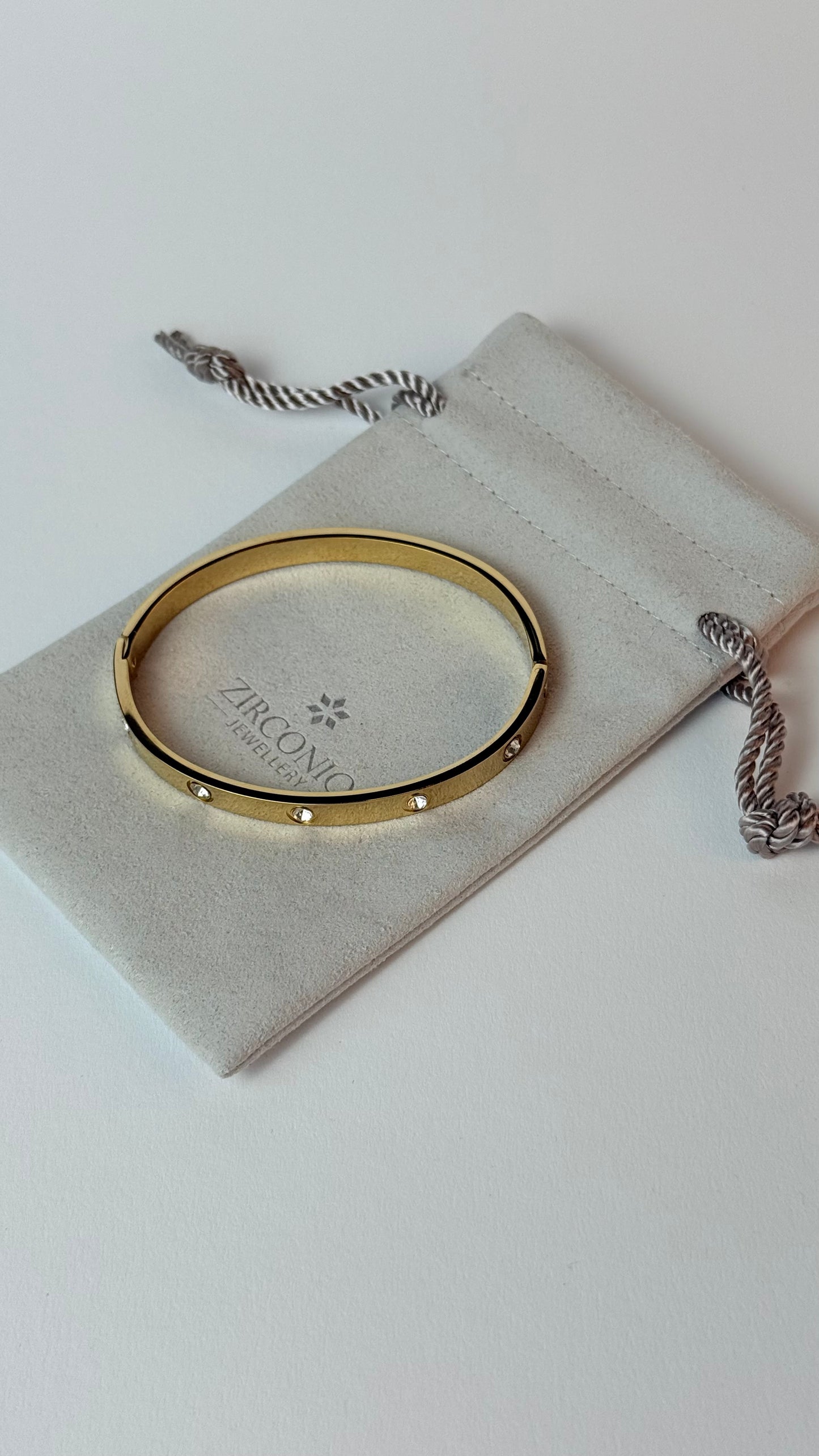 Zircon Studded Stainless Steel Gold Plated Bangle Bracelet - Yellow Gold