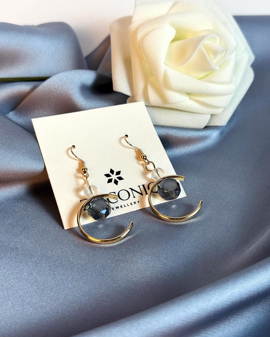 Gold Crescent Moon Earrings with Crystal Drops
