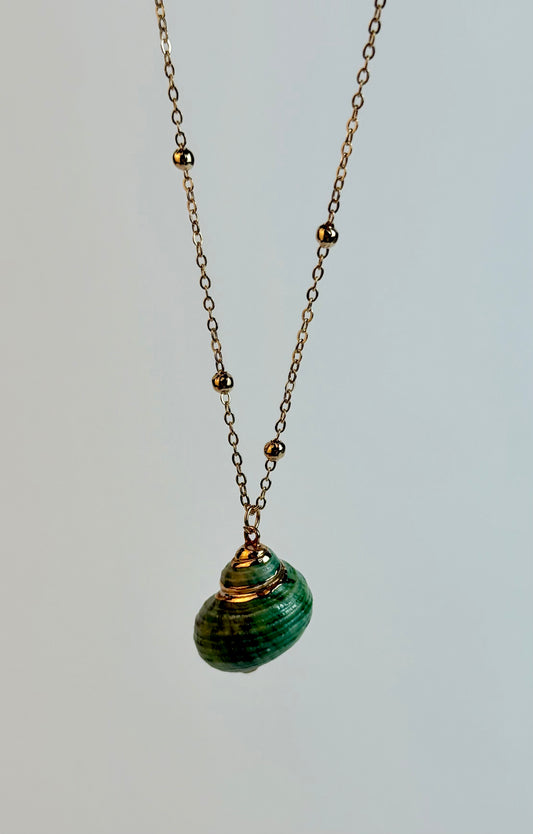 Necklace with a green shell pendant on a light gray background