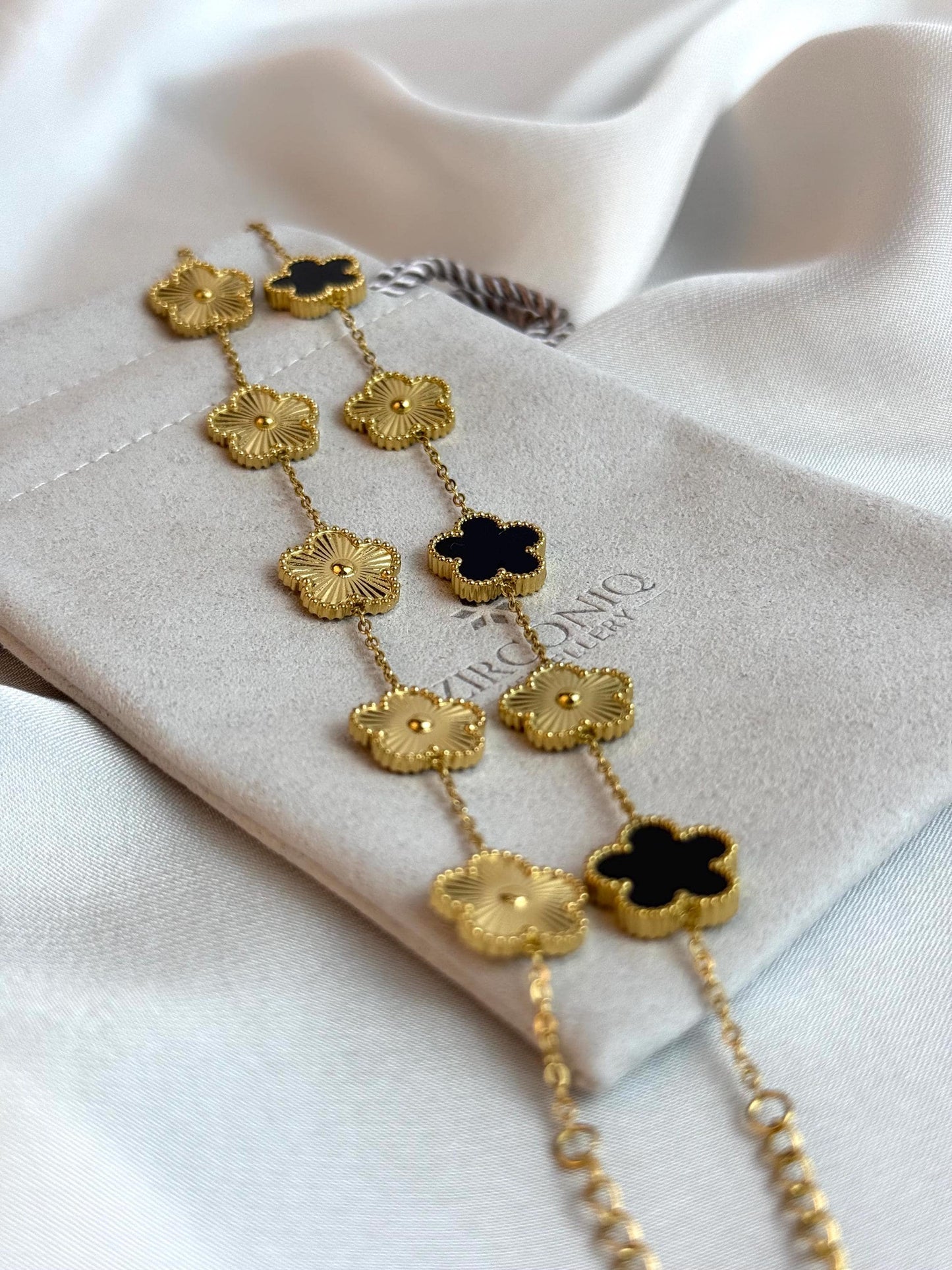 Black and Gold Lucky Bracelet - Double Sided Five Leaf Clover Bracelet - 18K Gold Plated Stainless Steel Bracelet - Jewelry for Her