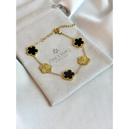 Black and Gold Lucky Bracelet - Double Sided Five Leaf Clover Bracelet