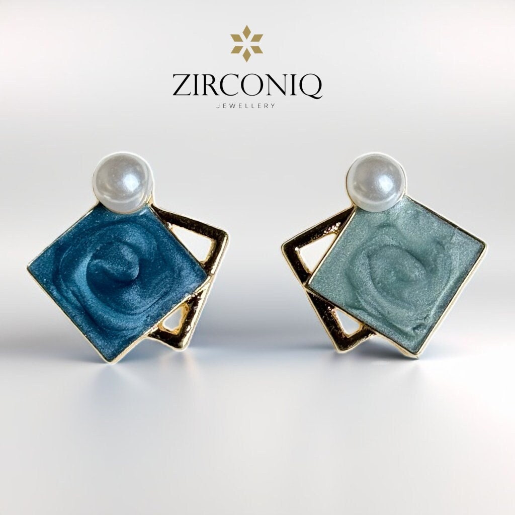 Elegant Blue Enamel Square Pearl Stud