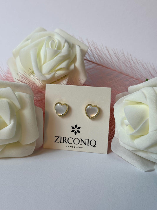 Gold Heart Stud Earrings with Mother of Pearl