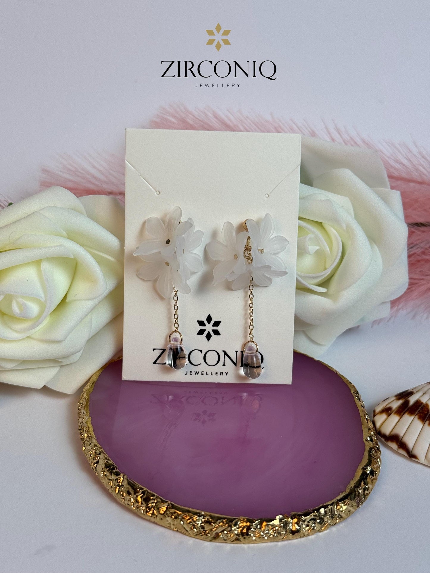 Elegant White Flower Dangle Earrings with Crystal Teardrop