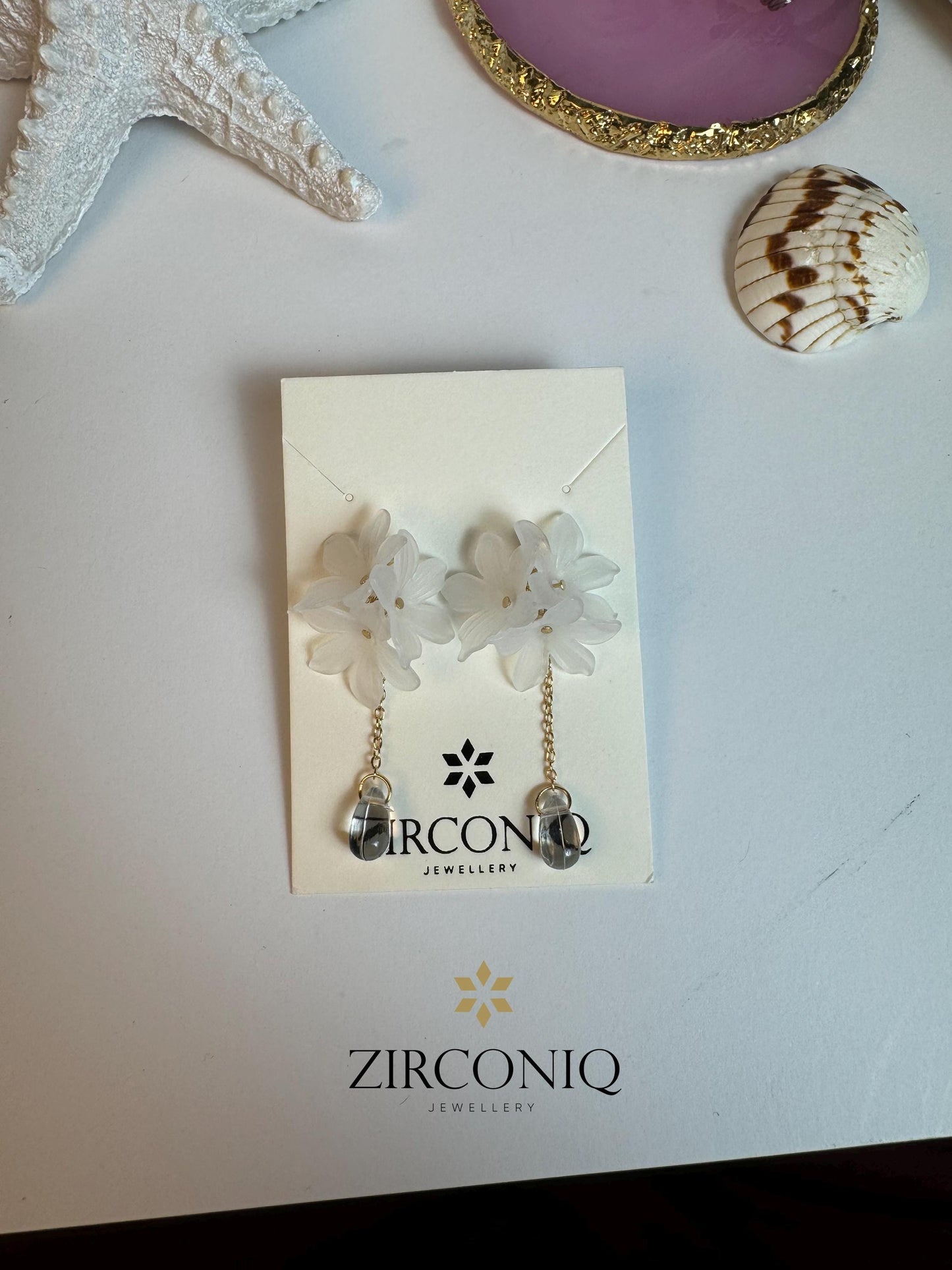 Elegant White Flower Dangle Earrings with Crystal Teardrop