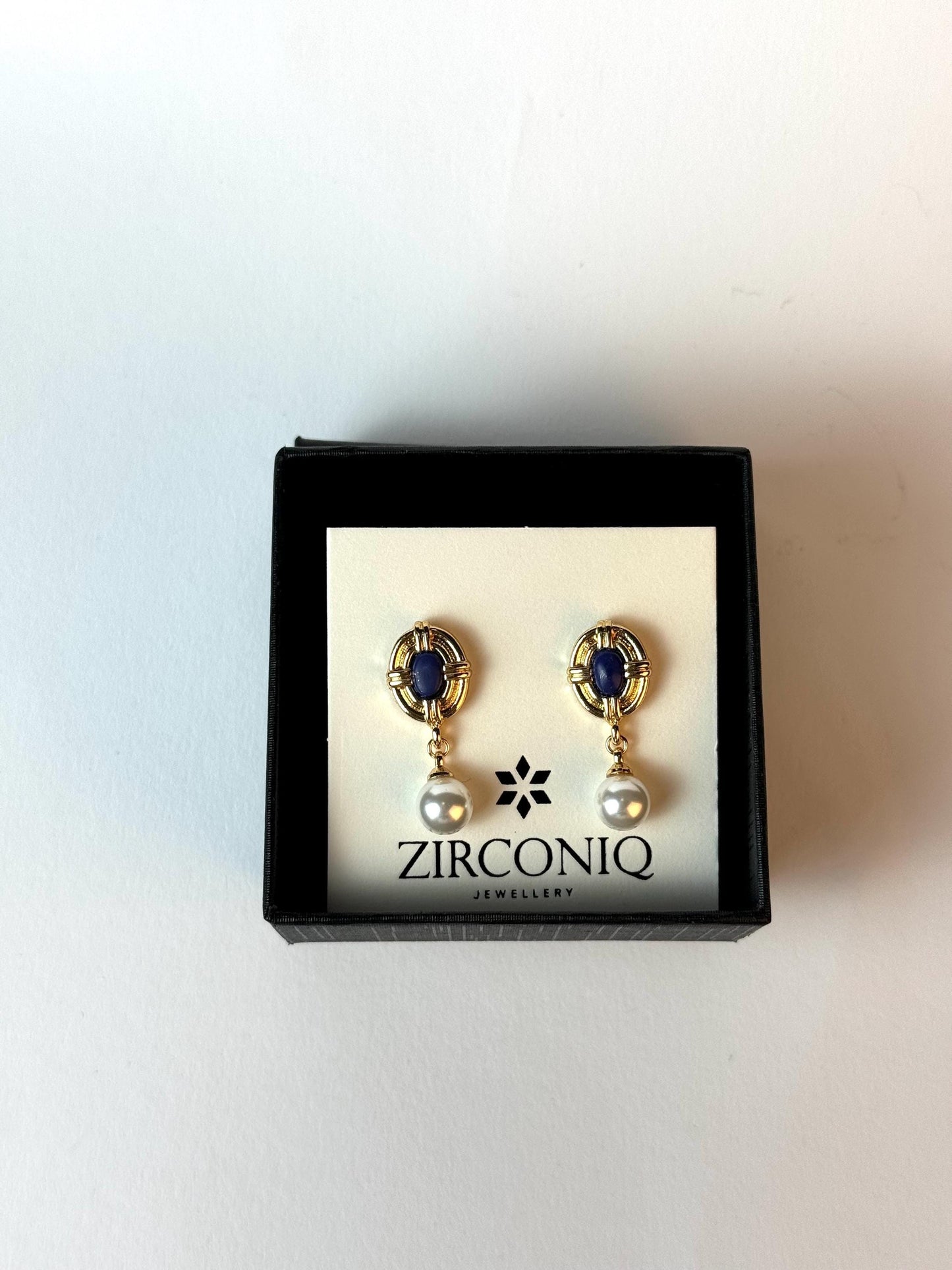 18K Gold Plated Pearl Drop Earrings with Blue Gemstones