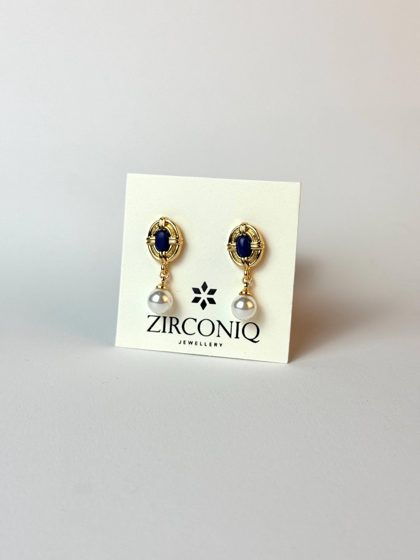 18K Gold Plated Pearl Drop Earrings with Blue Gemstones