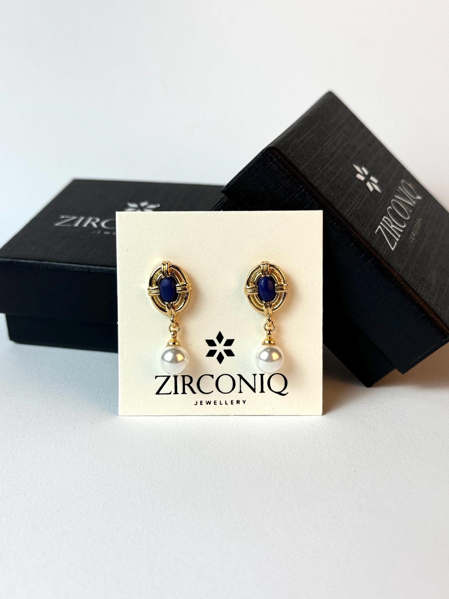 18K Gold Plated Pearl Drop Earrings with Blue Gemstones