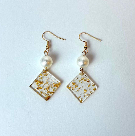 Elegant Gold Leaf Resin and Pearl Dangle Earrings