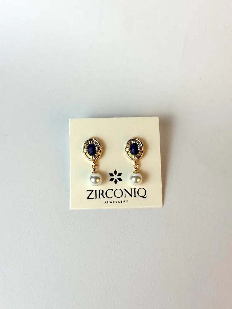 18K Gold Plated Pearl Drop Earrings with Blue Gemstones