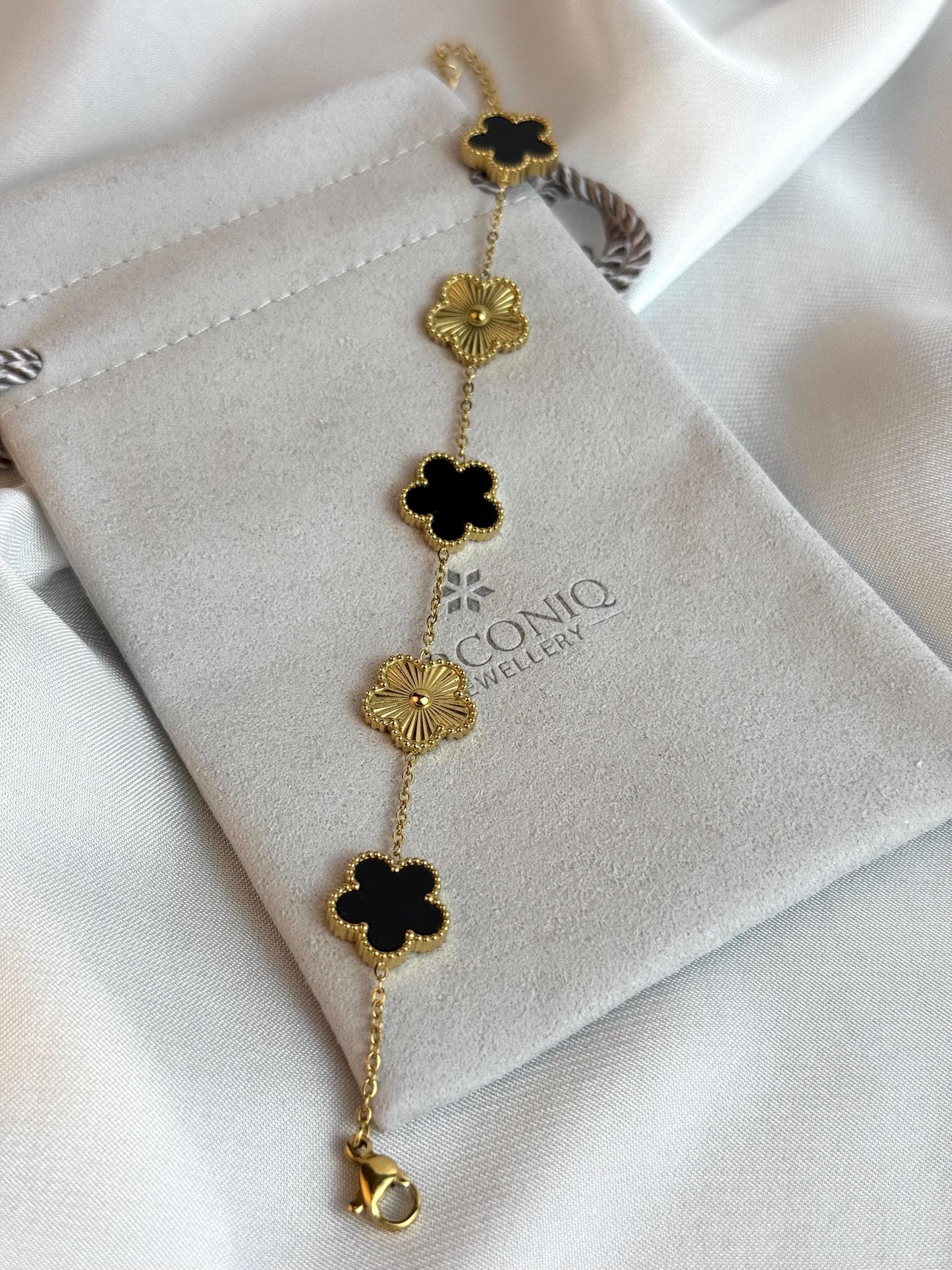 Black and Gold Lucky Bracelet - Double Sided Five Leaf Clover Bracelet - 18K Gold Plated Stainless Steel Bracelet - Jewelry for Her
