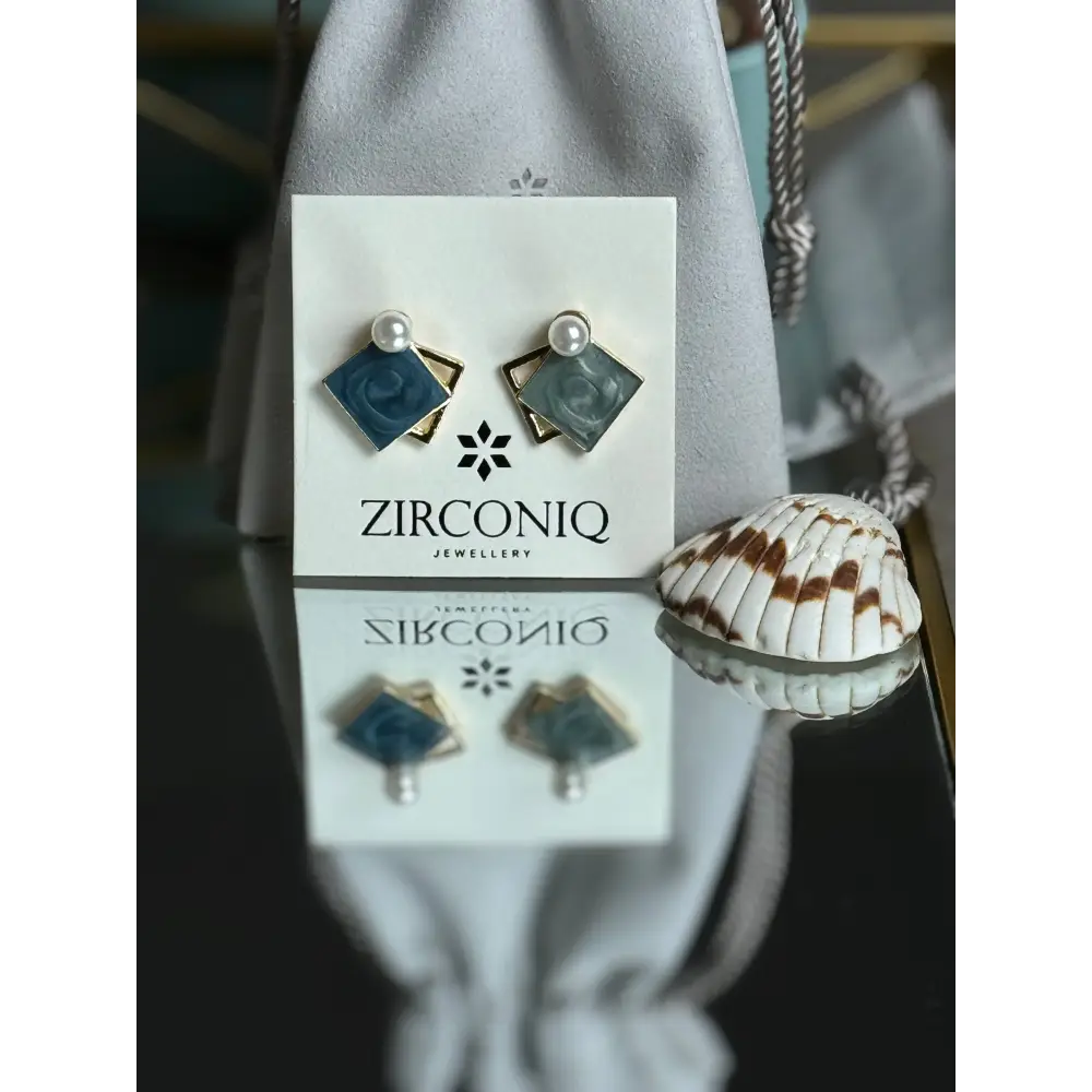 Elegant Blue Enamel Square Pearl Stud