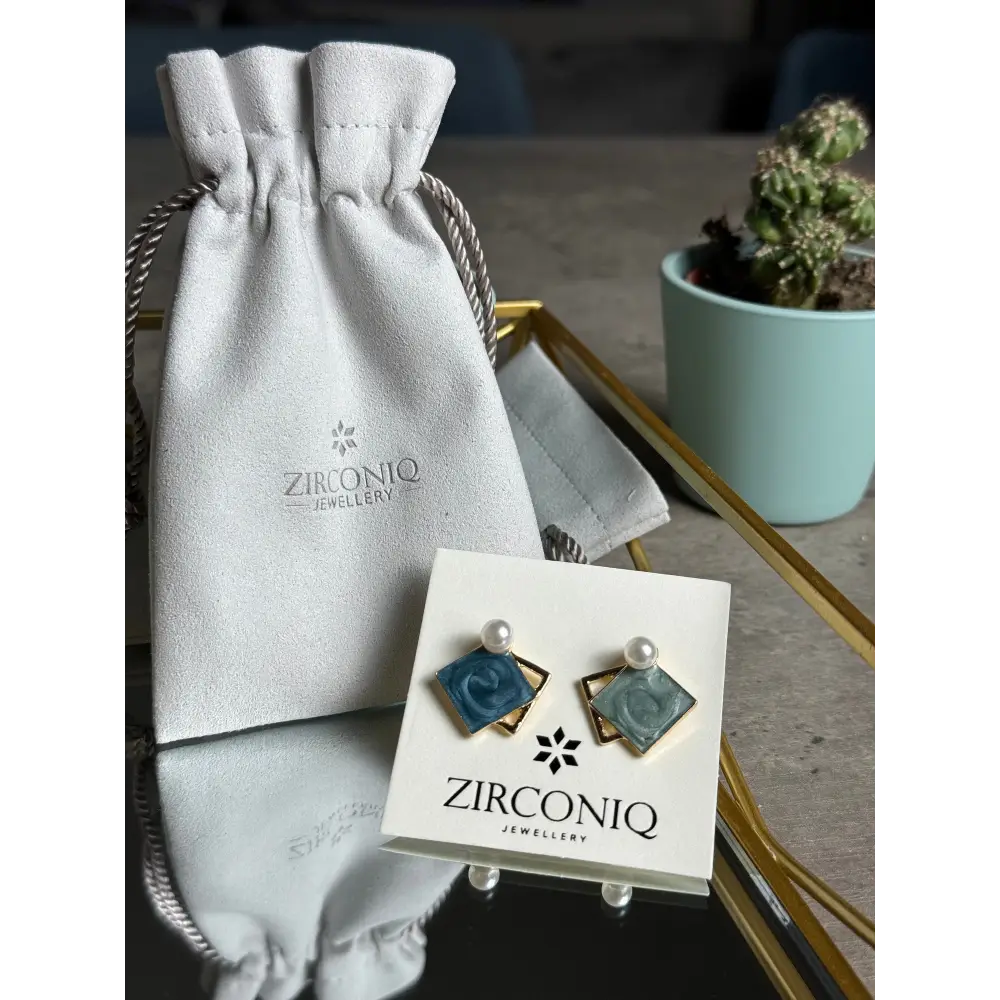 Elegant Blue Enamel Square Pearl Stud