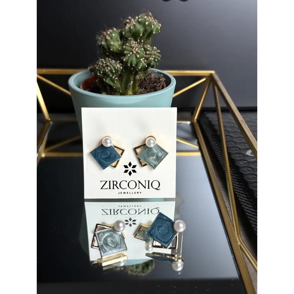 Elegant Blue Enamel Square Pearl Stud