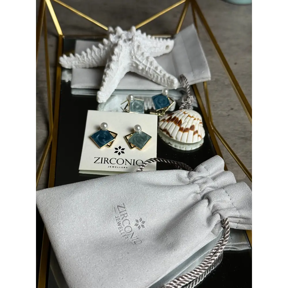 Elegant Blue Enamel Square Pearl Stud