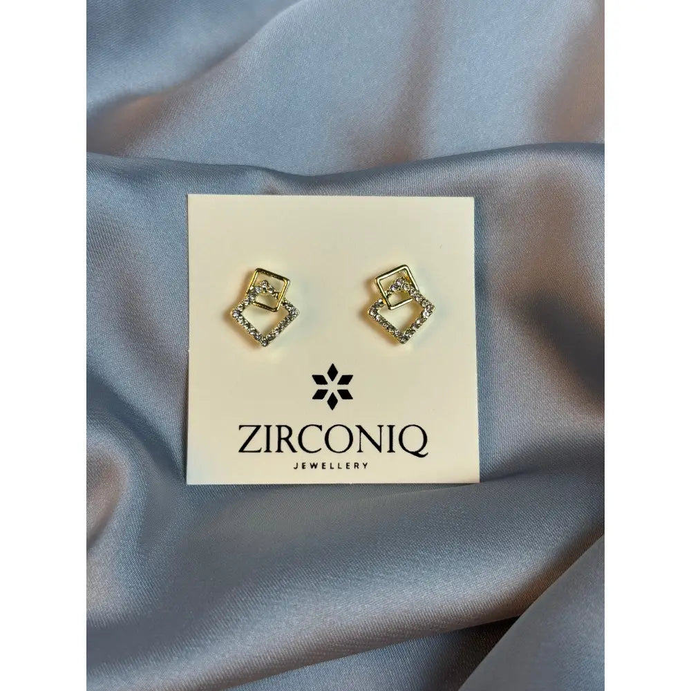 Gold Double Square Earrings with Crystals