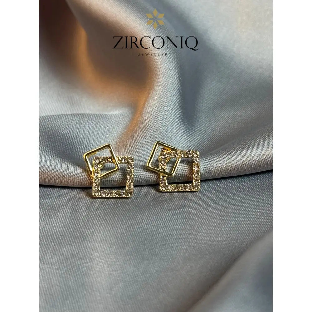 Gold Double Square Earrings with Crystals