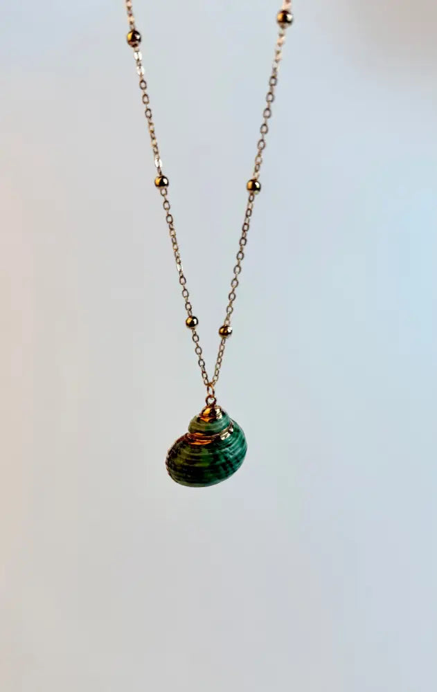 Necklace with a green shell pendant on a light gray background