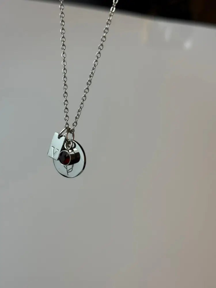 Silver necklace with a round pendant on a light gray background